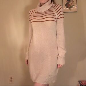 Hem & Thread Cream Cowl Sweater Dress with Rust Stripes